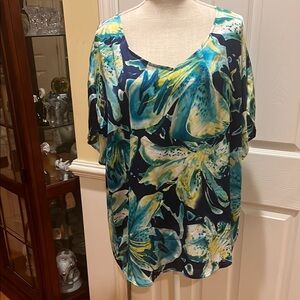 🏖️ JM Collection Blue and Green Short Sleeve Blouse, Size 2X